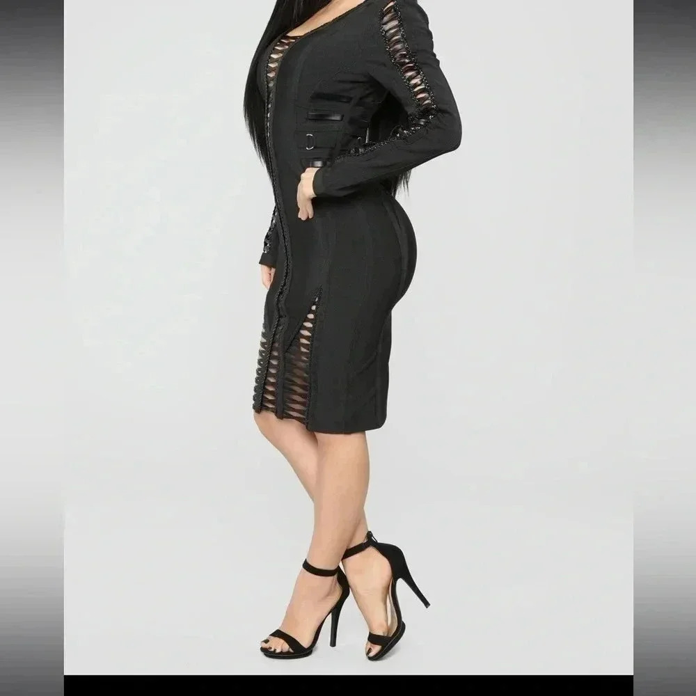 FASHION NOVA BLACK CUT OUT BACK FAUX LEATHER DRESS - Picture 4 of 13